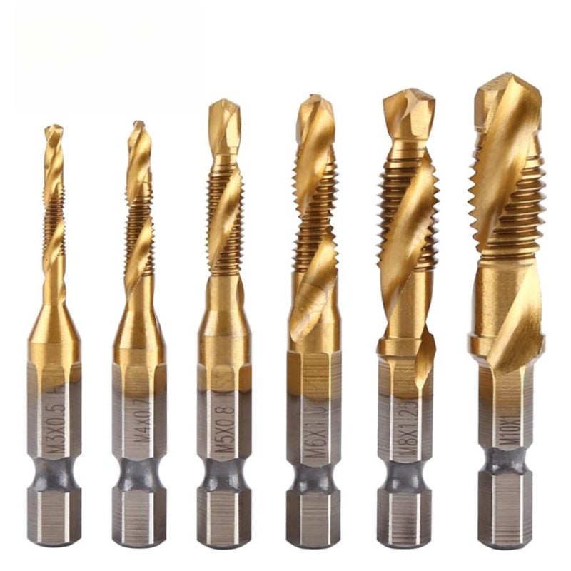 EMSTAR 6 PCS Combination Drill and Tap Set, Professional HSS Titanium Thread Tap Drill Bit Set in SAE 6-32NC 8-32NC 10-32NC 10-24NC 12-24NC 1/4-20NC, Quick Change Screw Tapping with 1/4”Hex Shank - Image 1